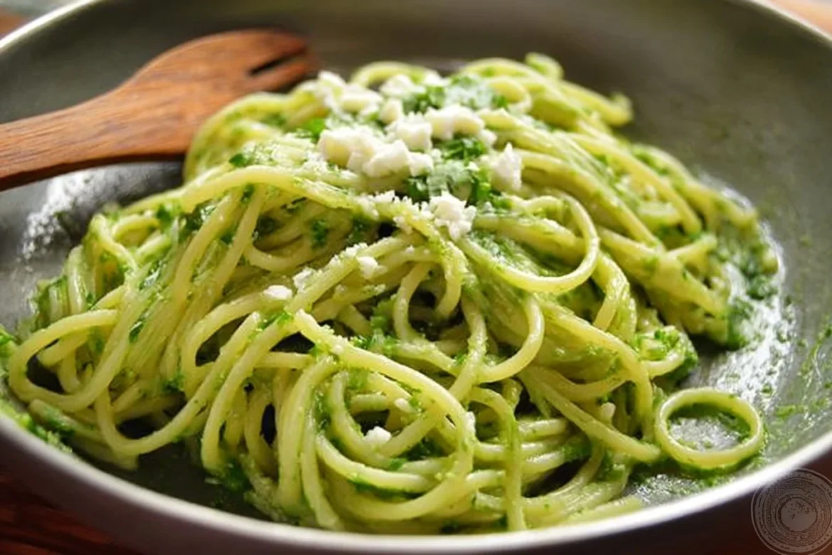 Creamy Mexican green spaghetti served with fresh ingredients and vibrant flavors.