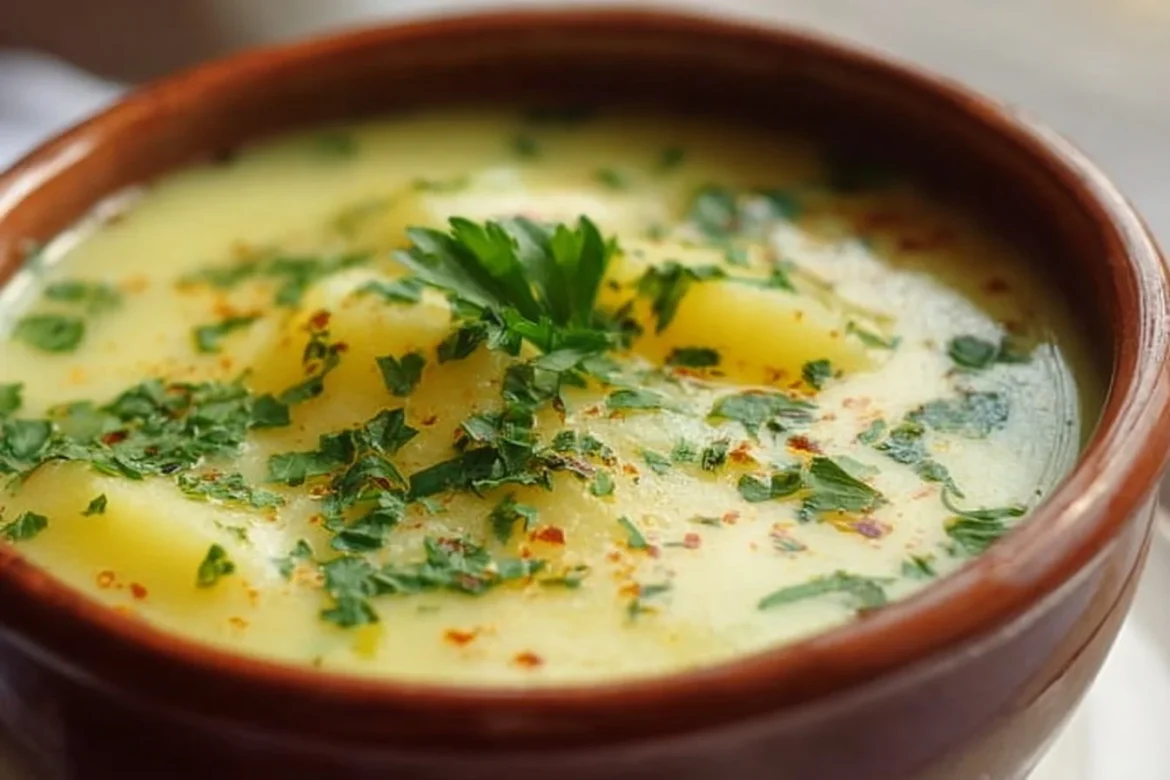 Bowl of creamy Peruvian potato soup topped with herbs and spices