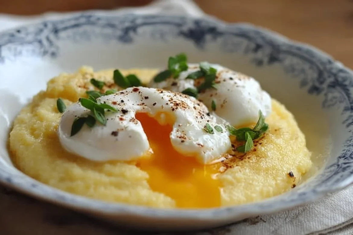 Creamy polenta topped with poached eggs served in a bowl