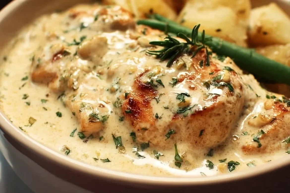 Creamy ranch chicken dish served with sides on a wooden table