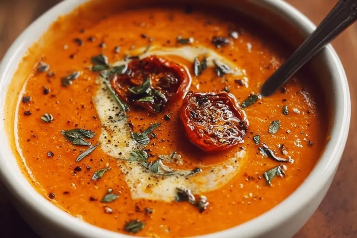 Bowl of creamy roasted garlic tomato soup garnished with herbs