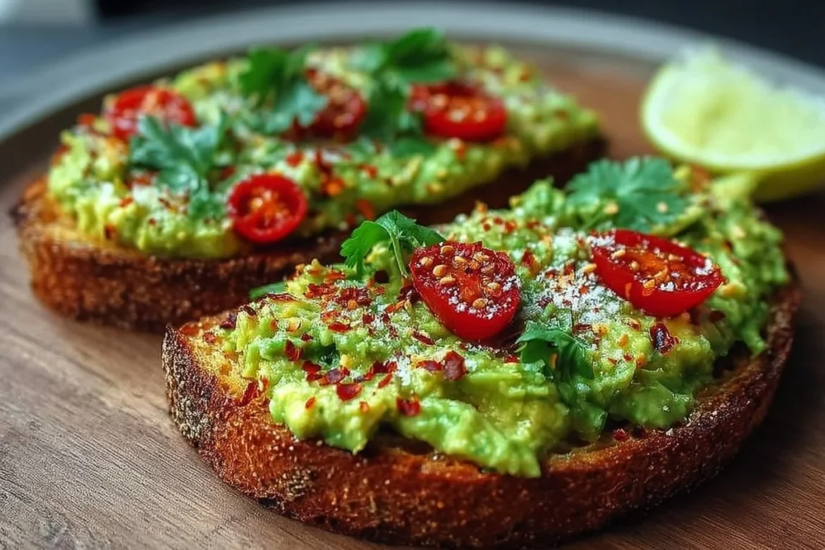 Creamy spicy avocado toast topped with chili flakes and herbs