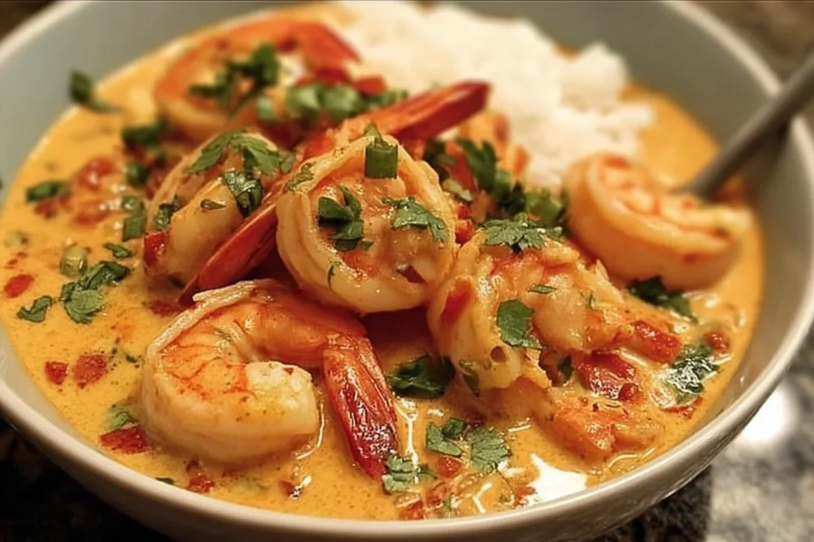 Creamy Thai coconut shrimp curry served in a bowl with fresh herbs