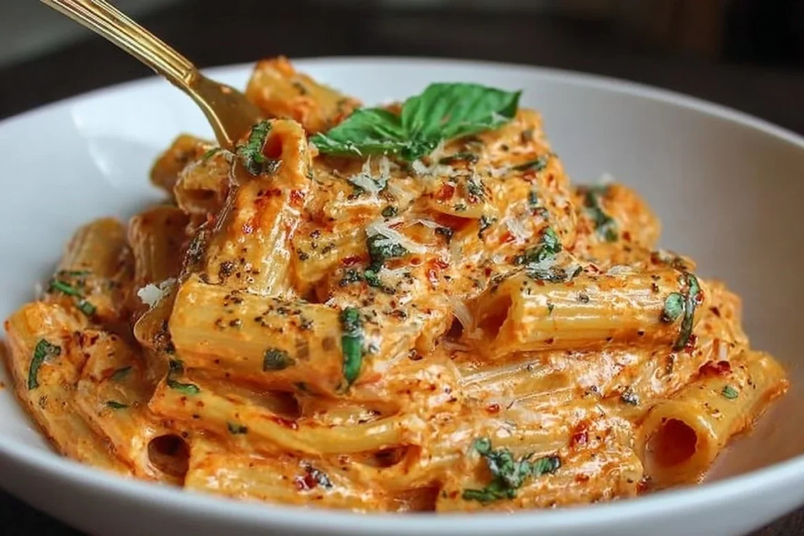 Creamy tomato garlic pasta served in a bowl with fresh herbs and parmesan cheese