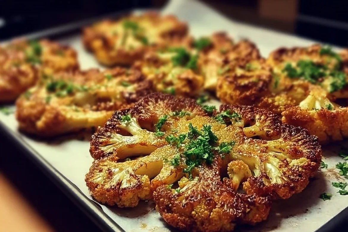 Crispy baked cauliflower steaks garnished and ready to serve