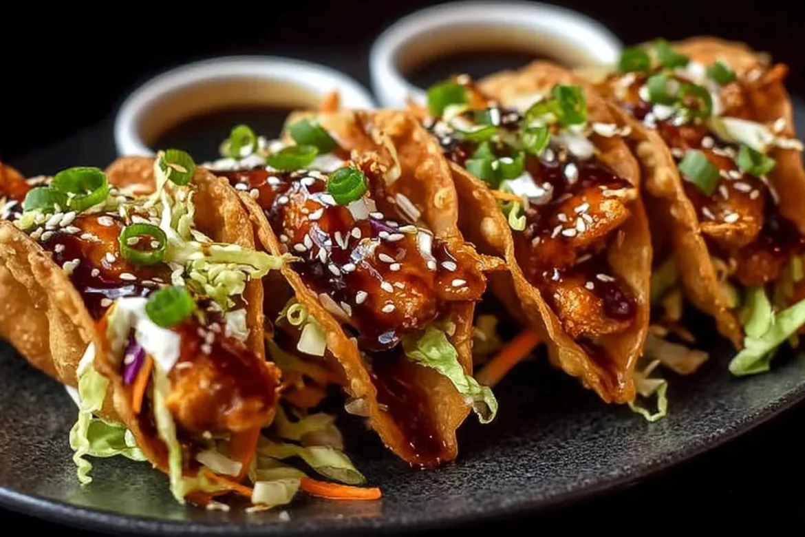 Crispy chicken wonton tacos topped with teriyaki glaze on a plate