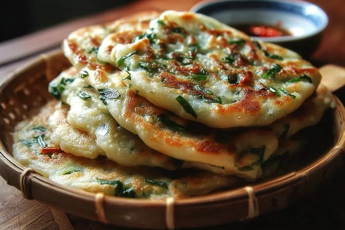 Crispy Chinese scallion pancakes served with dipping sauce