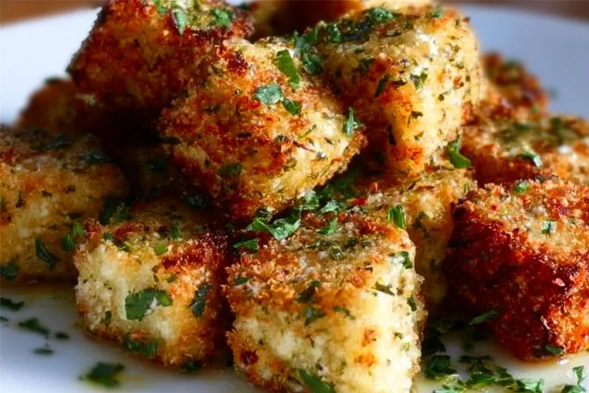 Crispy dill pickle tofu bites with a golden crust and garnished with fresh herbs.