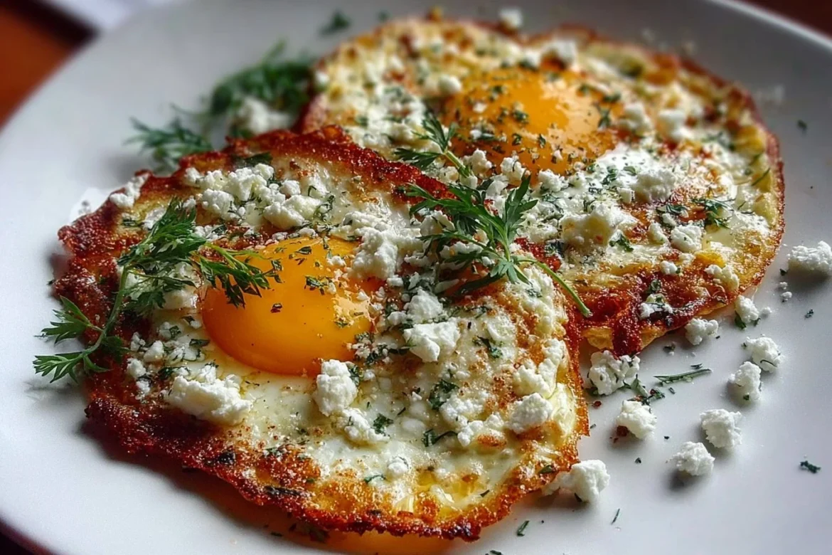 Delicious crispy feta fried eggs served on a plate garnished with herbs