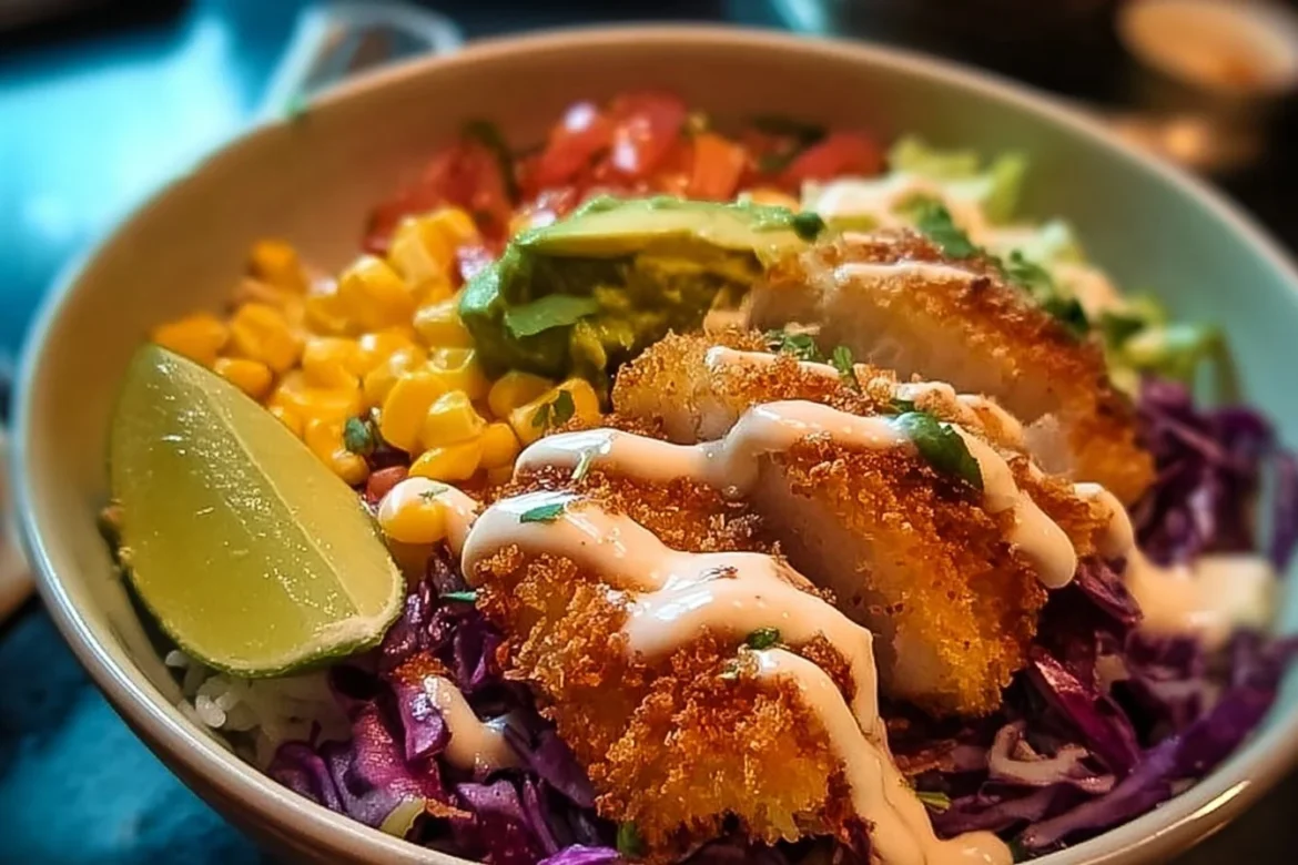 Crispy fish taco bowls topped with fresh ingredients and served in a colorful dish.