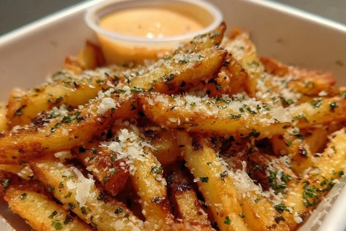 Crispy garlic parmesan fries served as a delicious snack or side dish
