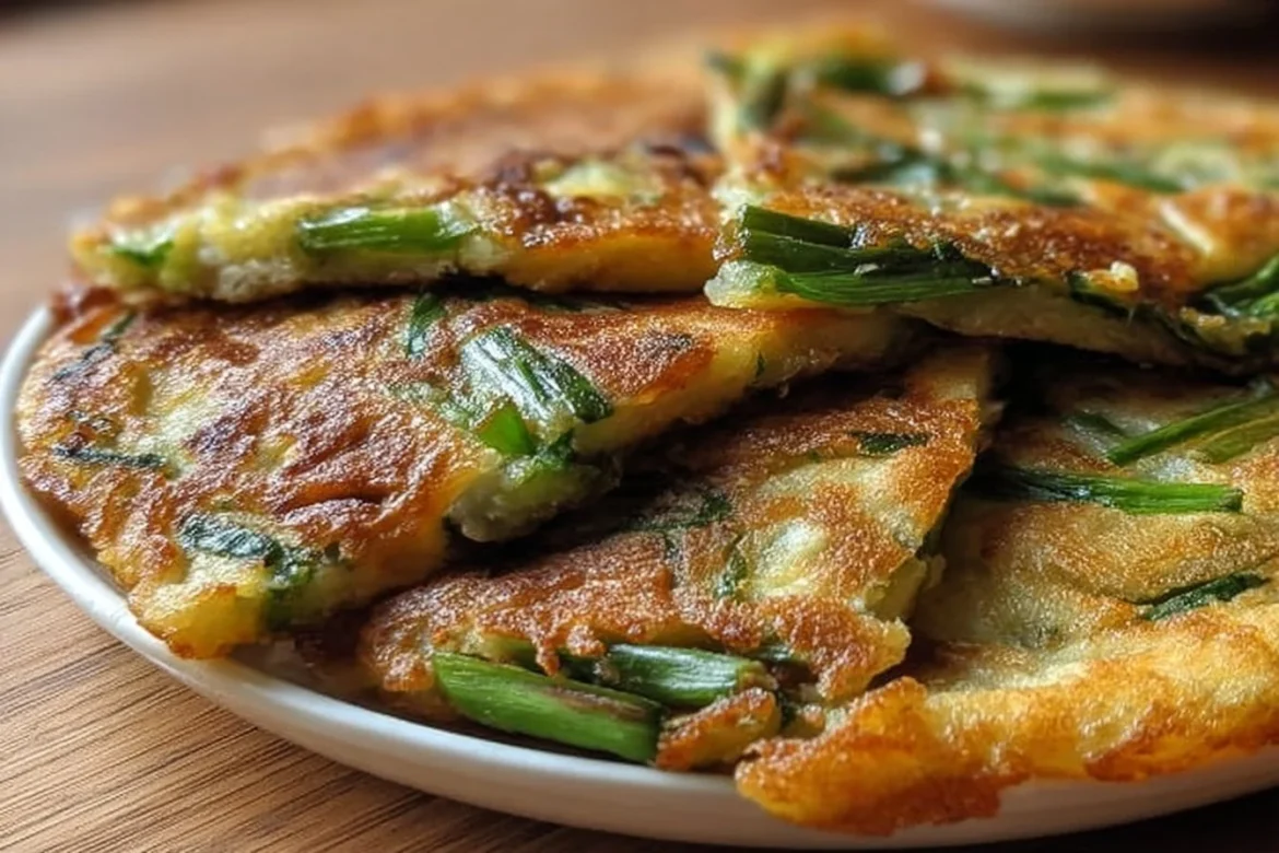 Crispy Korean spring onion pancakes served with dipping sauce.