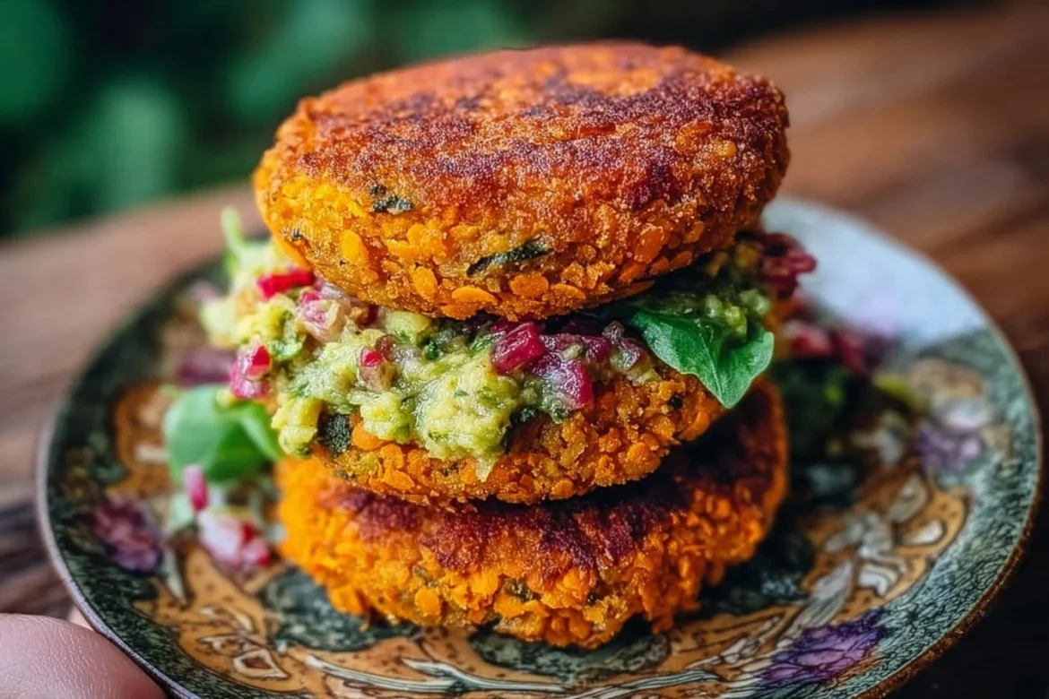Crispy sweet potato and red lentil patties served on a plate