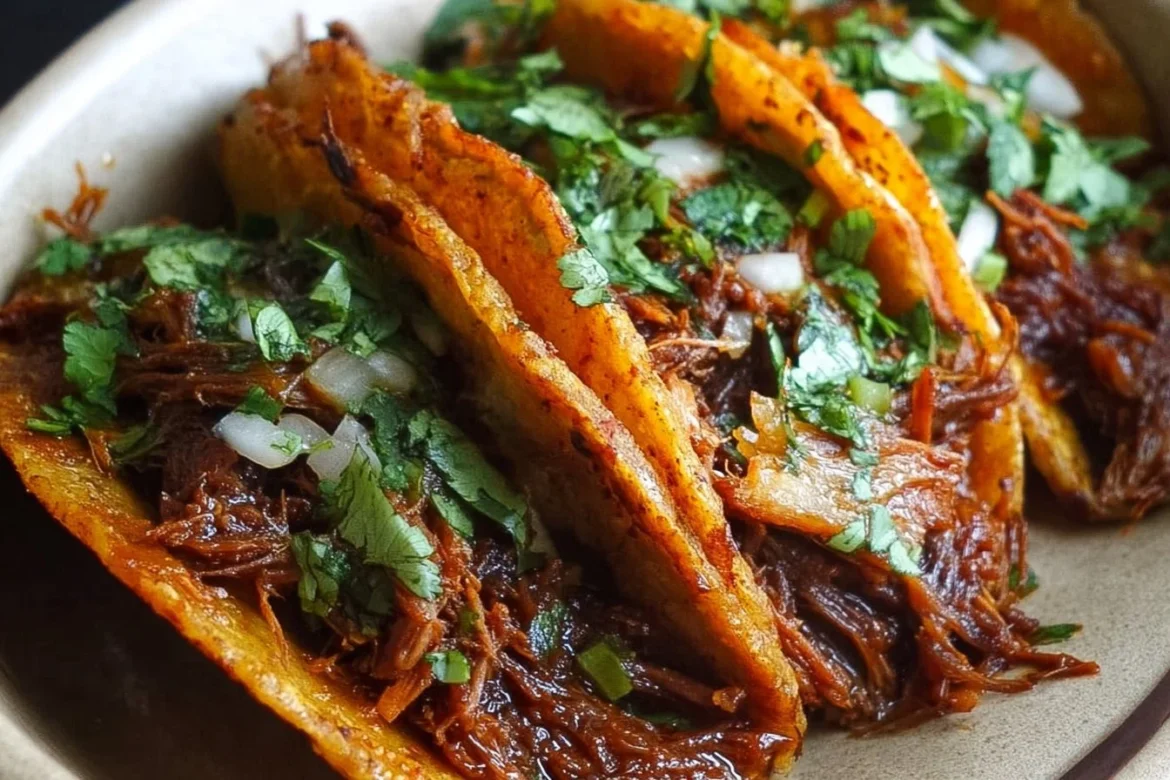 Delicious Crock Pot Birria Tacos served with fresh toppings and consomme