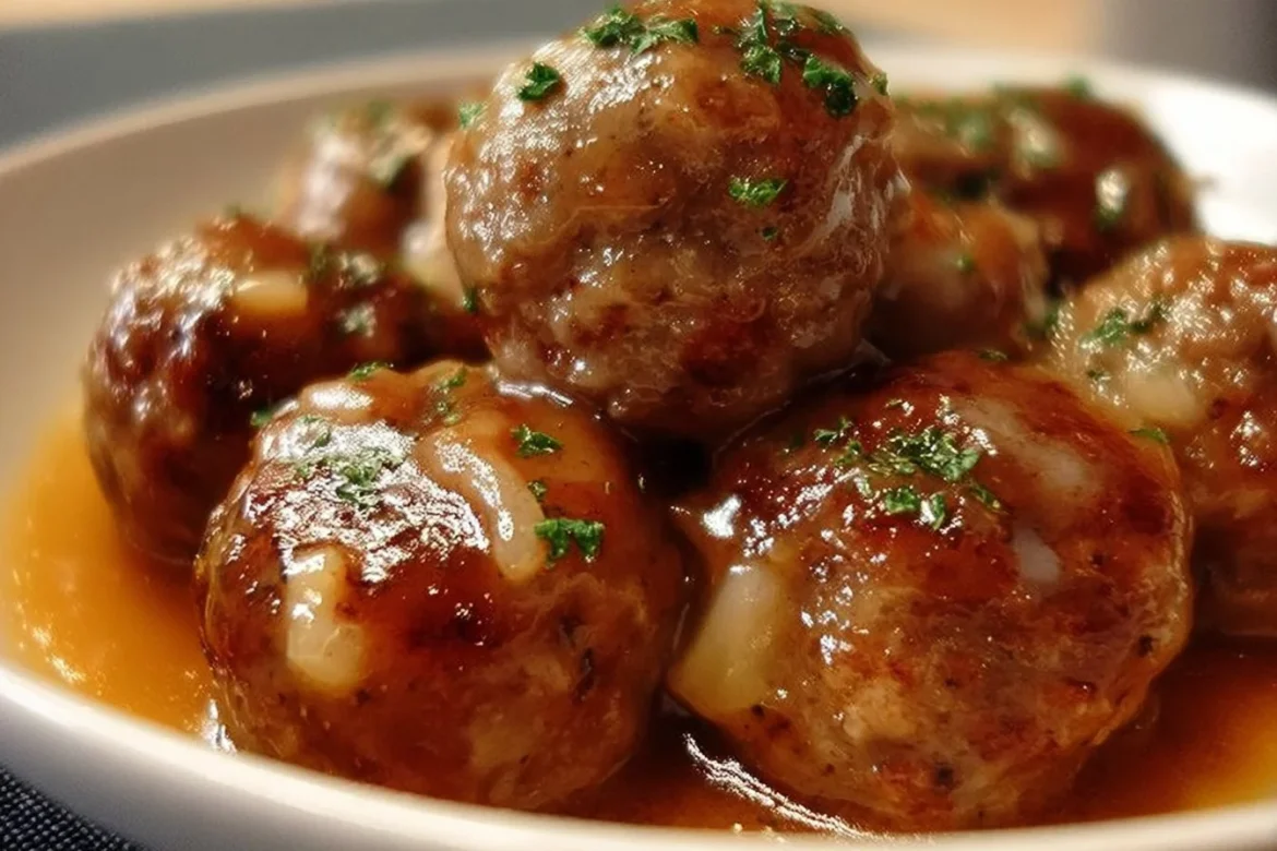 Delicious Crock Pot French Onion Meatballs simmering in a flavorful broth
