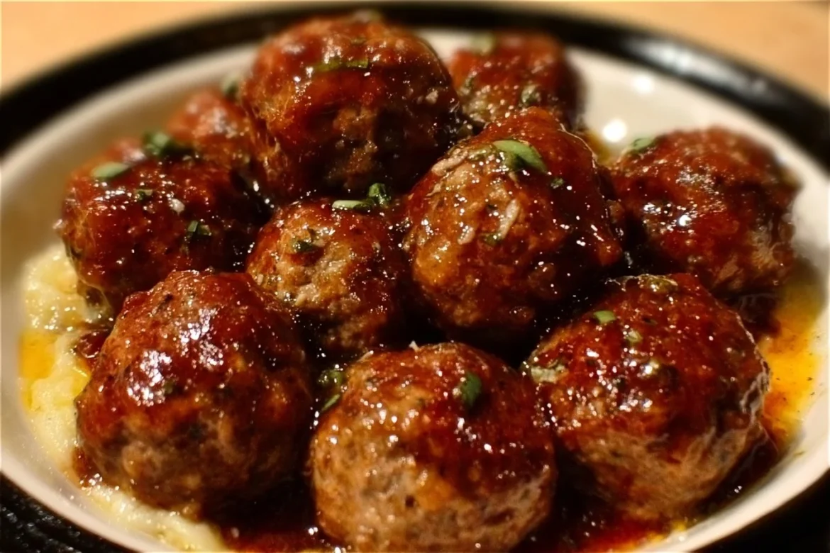 Crockpot Mississippi Meatballs served in a bowl with garnishes.