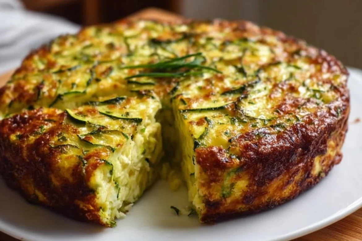 Crustless zucchini pie served on a plate with fresh herbs