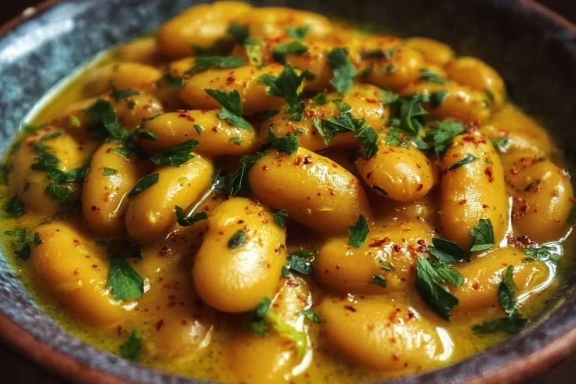 A bowl of flavorful Curried Butter Beans garnished with herbs.