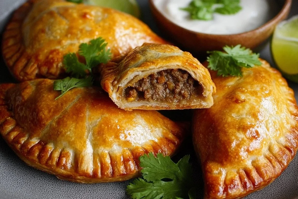 Delicious Curry Beef Empanadas served on a plate with garnish.