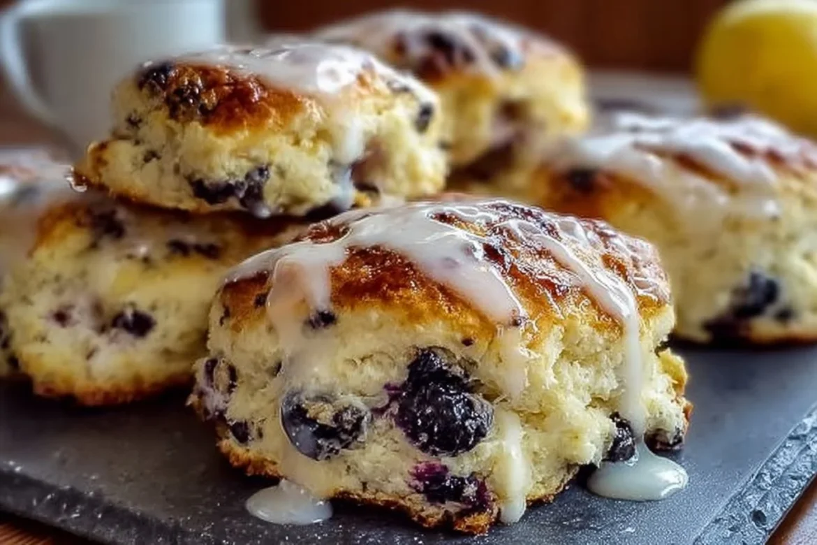 Delicious blueberry biscuits drizzled with zesty lemon glaze on a plate