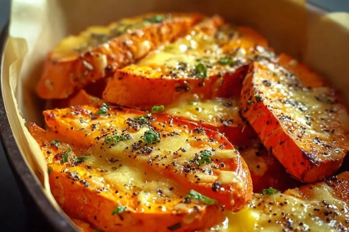 Garlic butter sweet potato bake served in a dish, garnished with herbs.