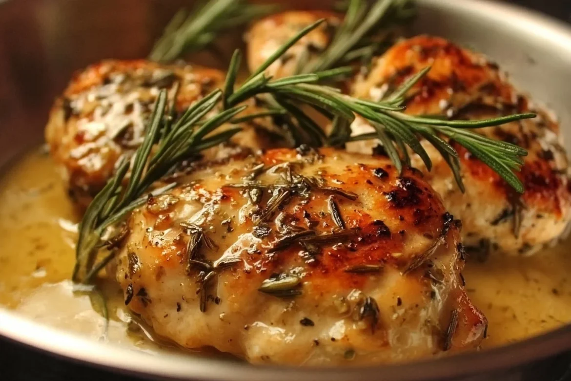 Rosemary Dijon Chicken garnished with herbs, served in a beautiful dish
