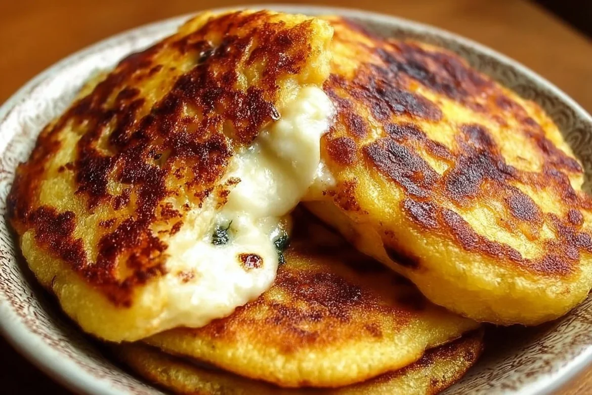 Delicious Venezuelan sweet corn cachapas with gooey cheese filling