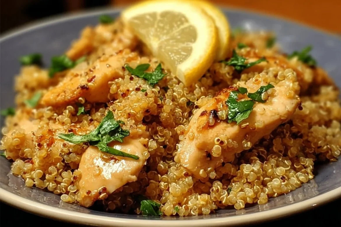 Delicious garlic lemon chicken quinoa garnished with fresh herbs