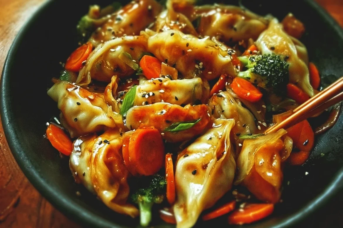 Delicious easy potsticker stir fry with colorful vegetables and savory sauce