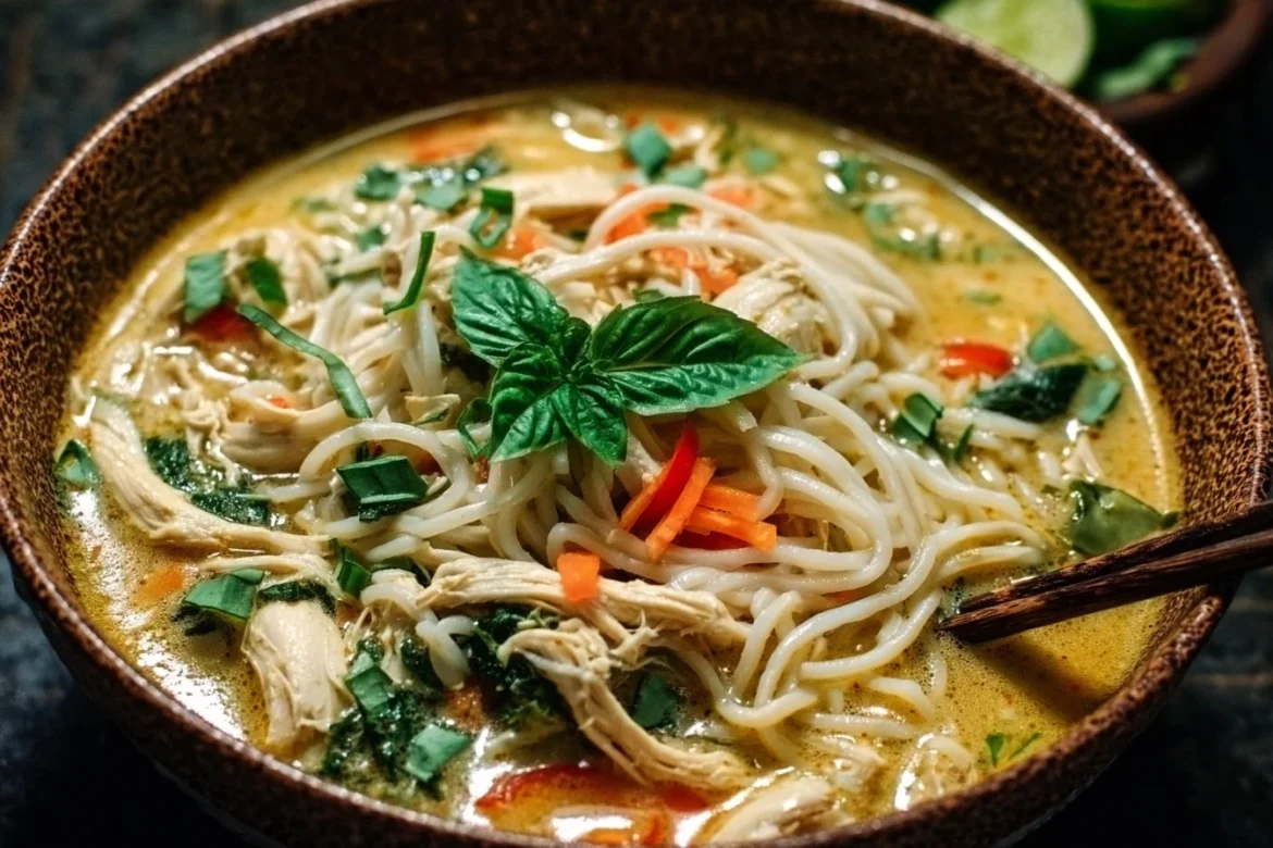 Bowl of Easy Thai Chicken Noodle Soup with Coconut Broth topped with herbs