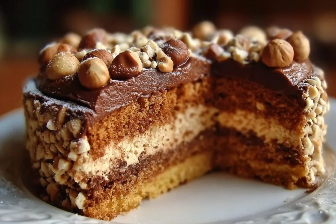 Delicious Egyptian Hazelnut Cake adorned with nuts and chocolate frosting