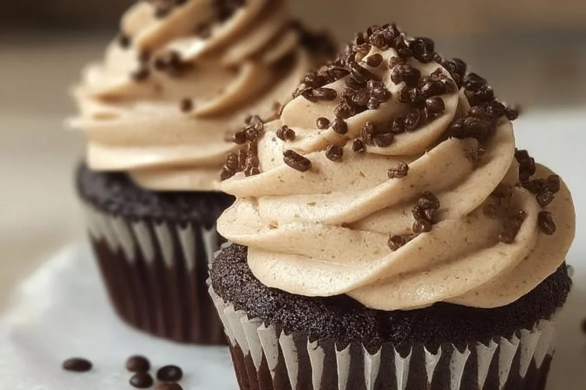 Espresso brownie cupcakes with coffee buttercream on a decorative plate.