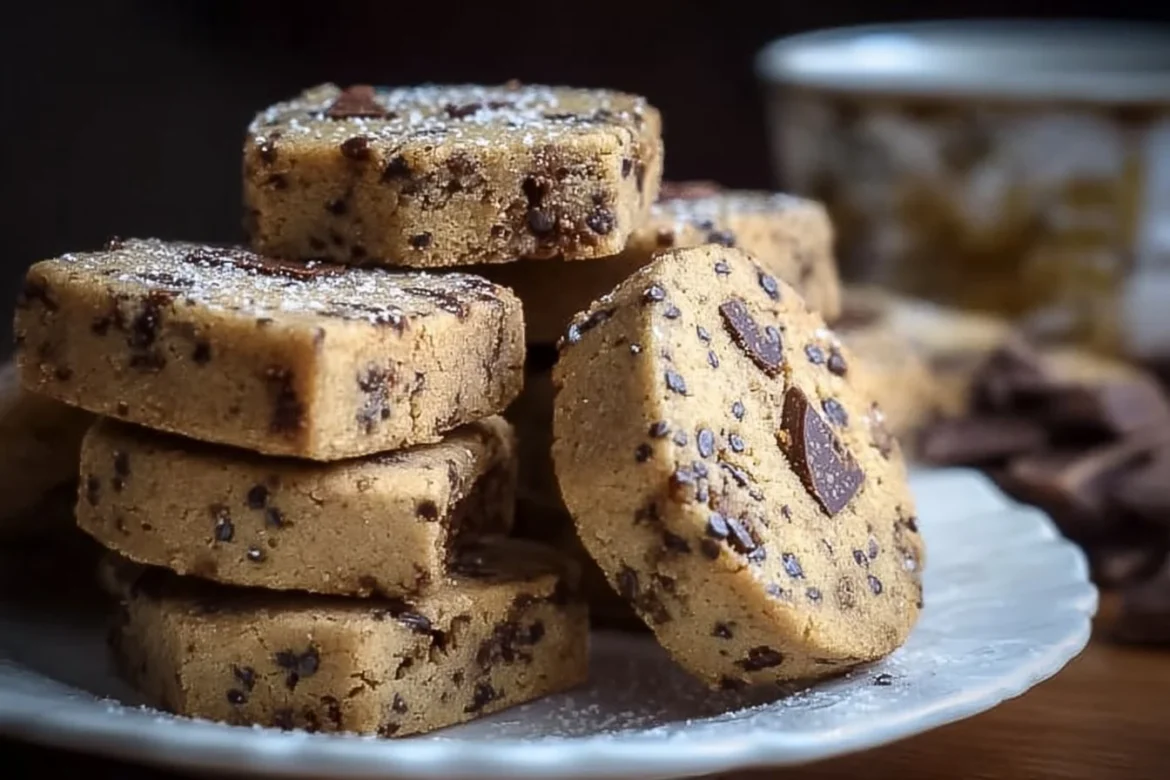 Espresso Shortbread Cookies with Toffee Chunks on a plate.