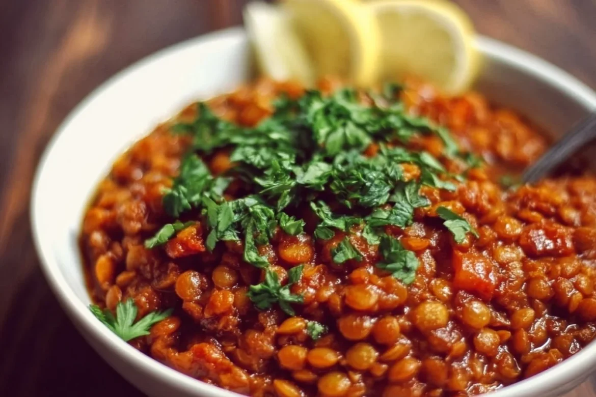 Bowl of Ethiopian Berbere Lentil Stew with spices and ingredients on the side