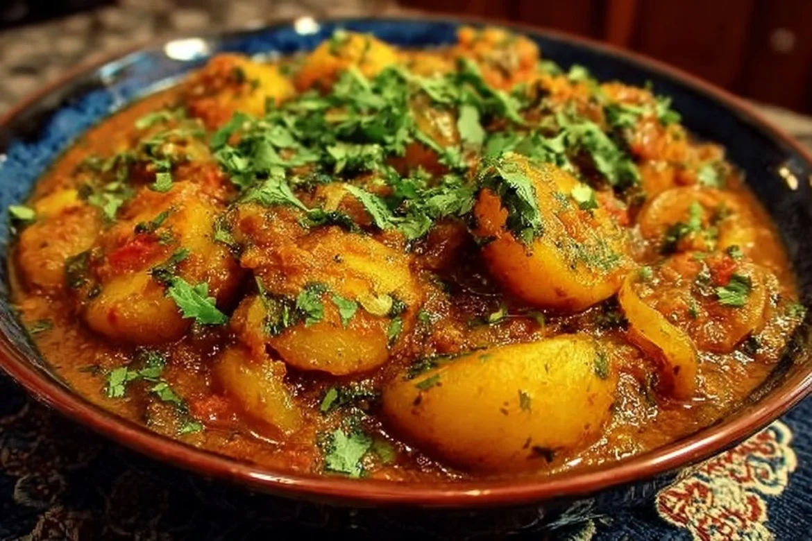 A bowl of Flavorful Dopiazeh Aloo, a traditional Persian Potato Curry dish.