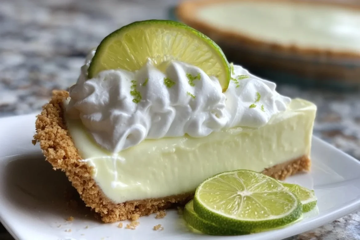 Fluffy lime chiffon pie topped with whipped cream and lime zest.