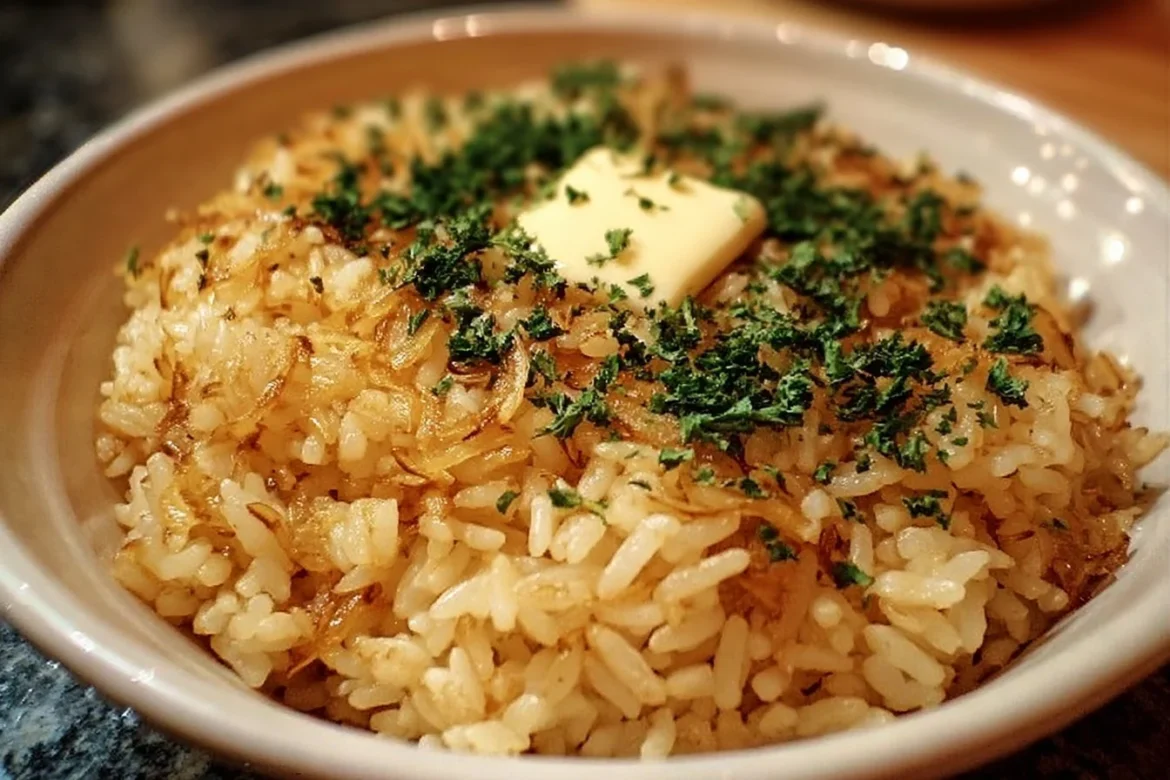 Bowl of French onion butter rice with caramelized onions and herbs.