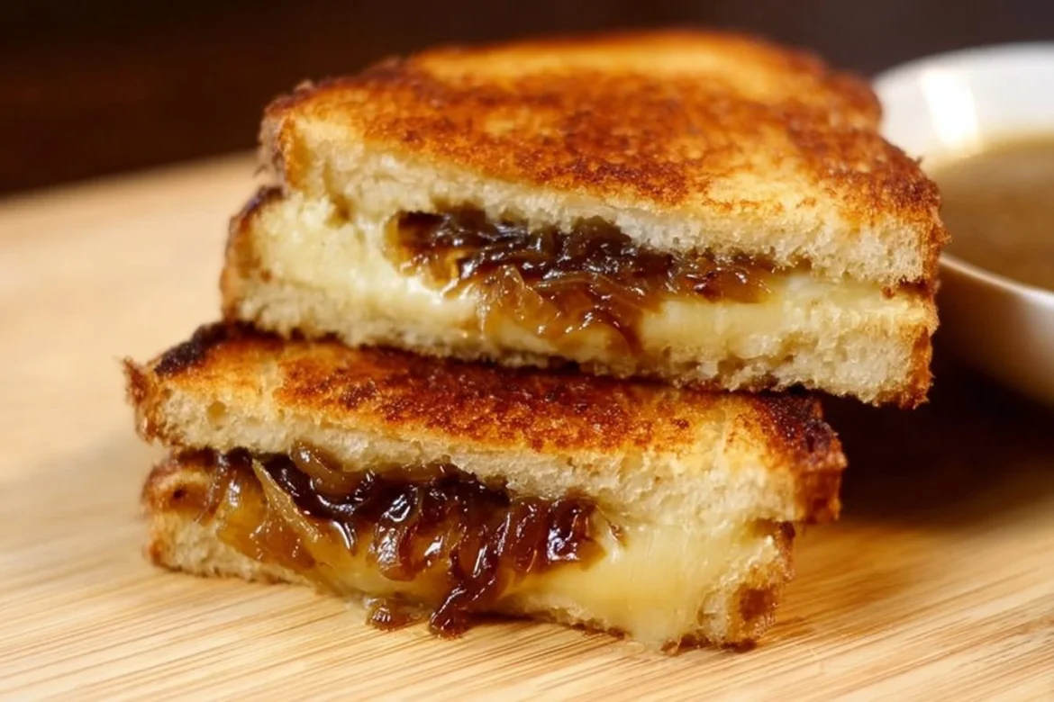 Delicious French Onion Grilled Cheese sandwich with melted cheese and caramelized onions