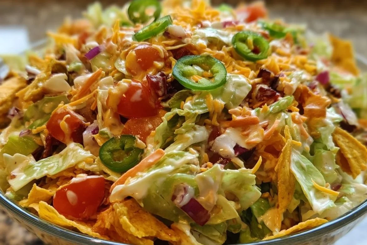 Colorful Frito Cowboy Cabbage Salad with crunchy leaves and Fritos