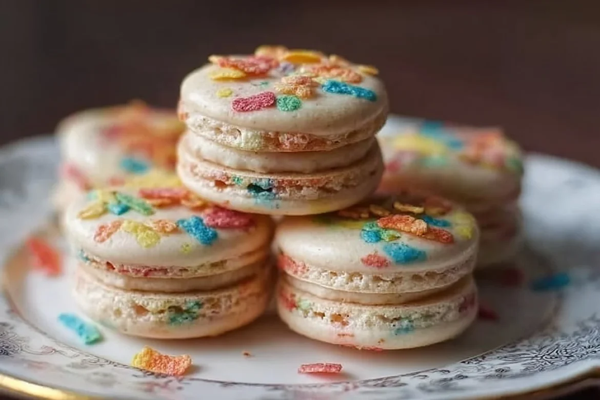 Colorful Fruity Pebble Macarons arranged on a white plate