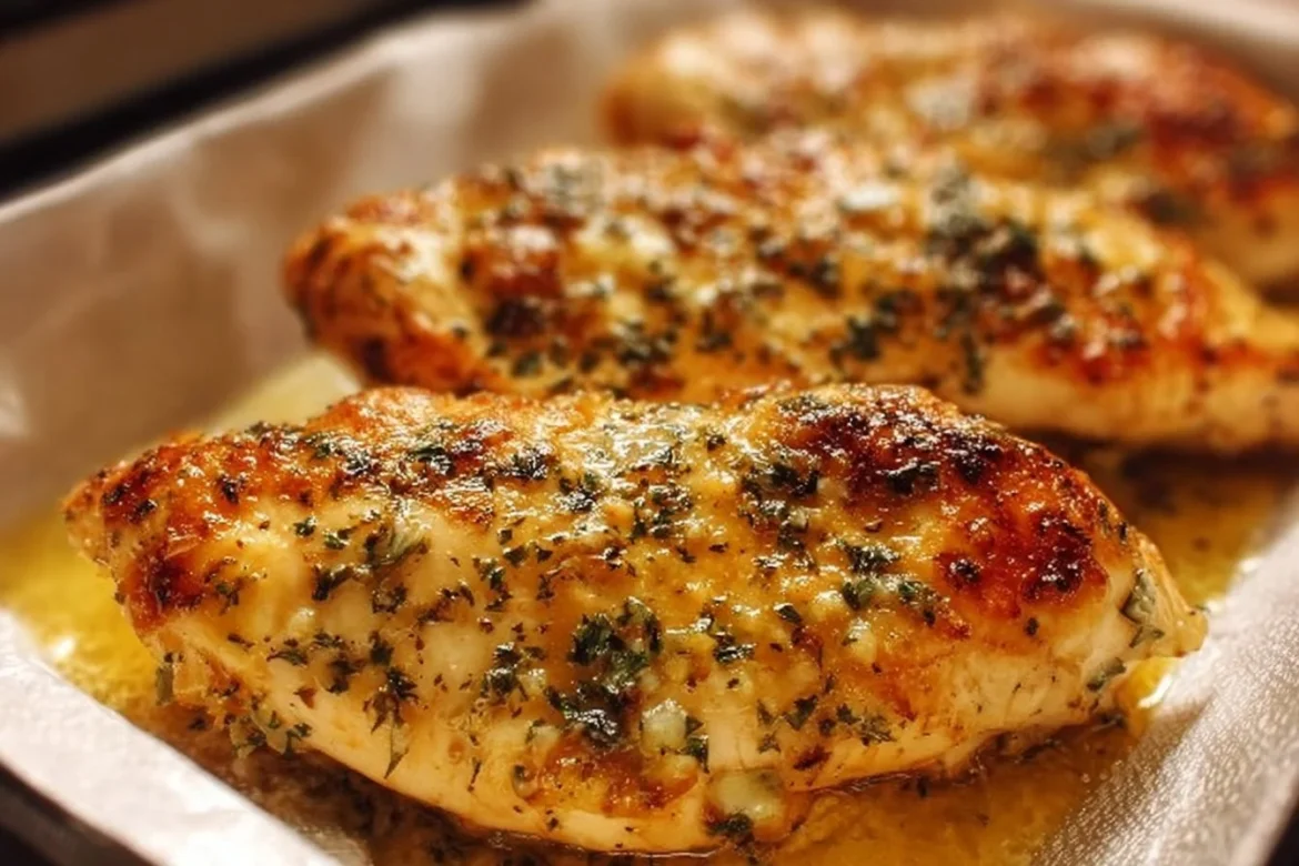 Garlic butter baked chicken breast served with herbs and spices