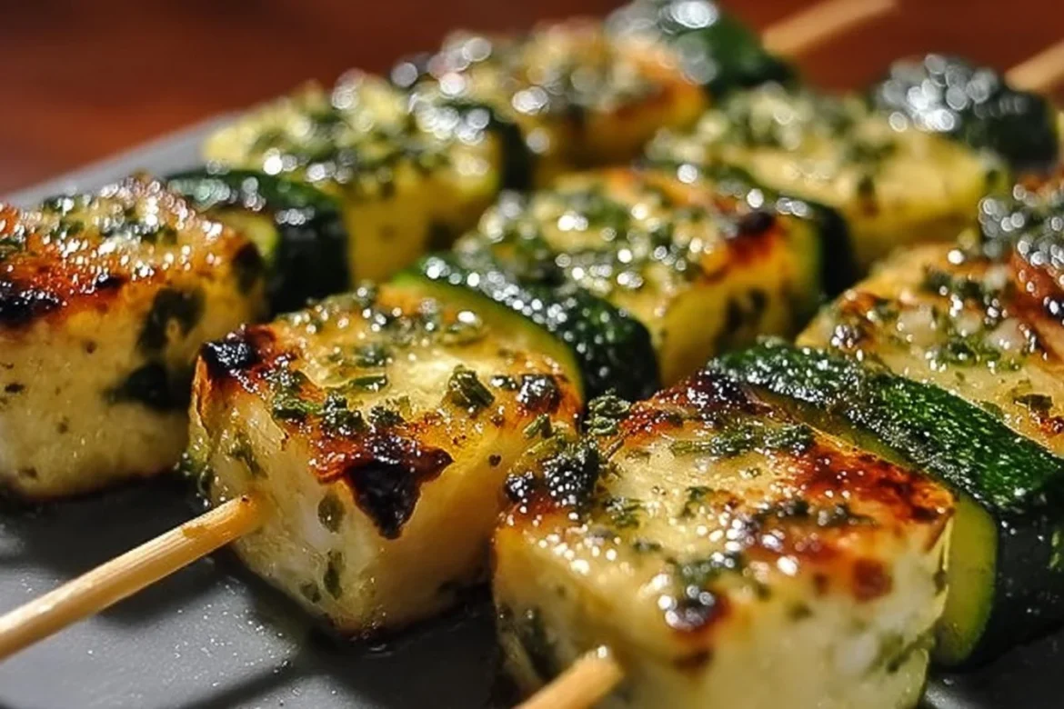 Grilled garlic butter zucchini skewers served on a platter