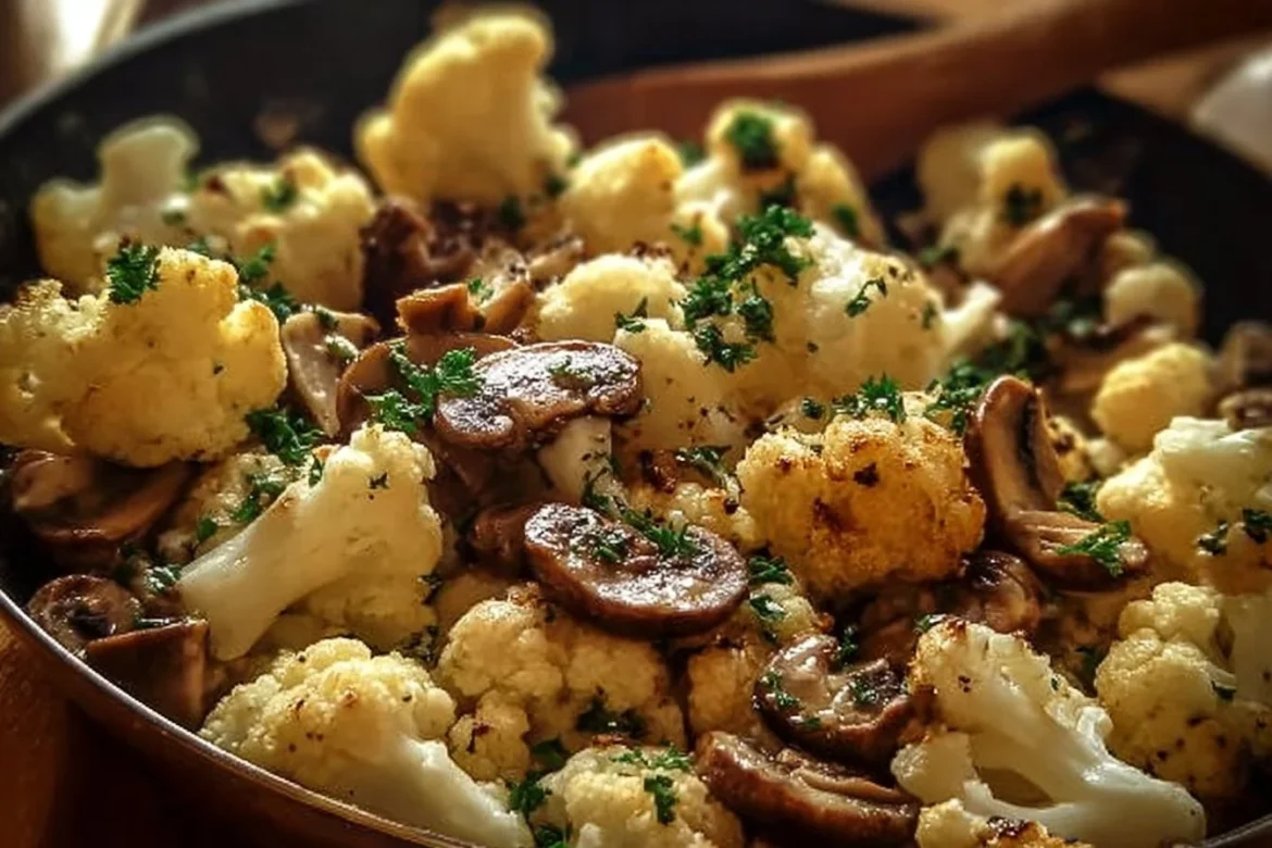 Delicious Garlic Cauliflower Mushroom Skillet dish served on a plate