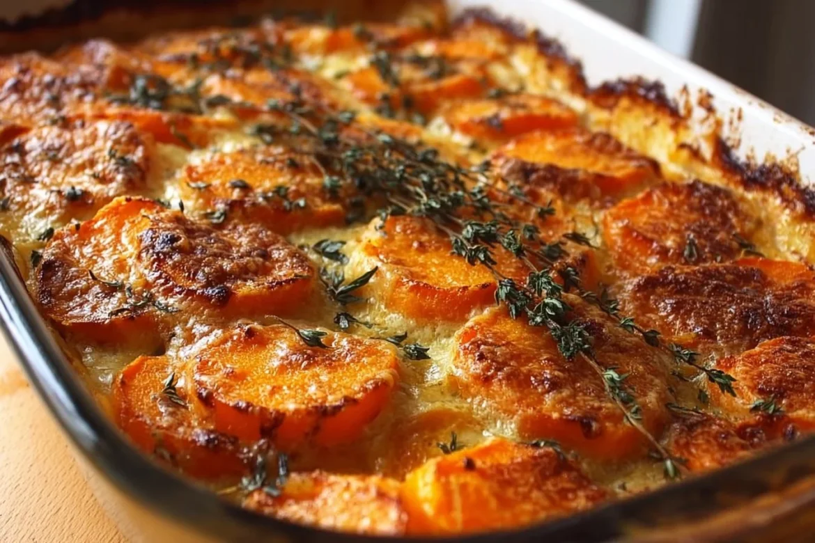 Baked Garlic Scalloped Sweet Potatoes with a golden crust