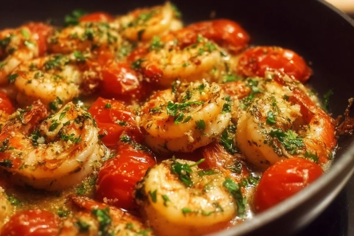Plate of garlic tomato shrimp scampi with fresh herbs and lemon.