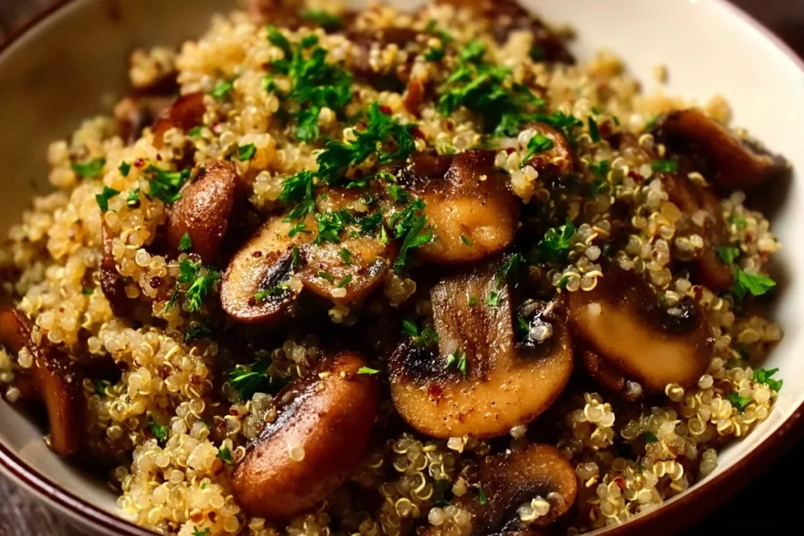 Delicious garlicky mushroom quinoa dish served in a bowl.