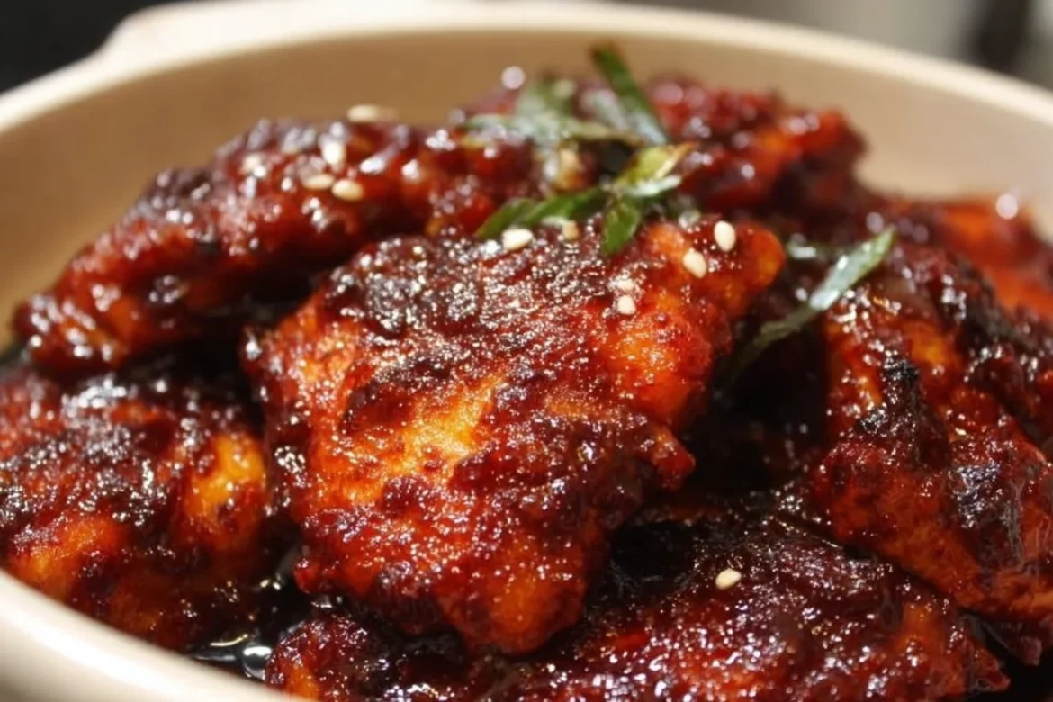 Delicious plate of Gochujang Chicken garnished with spices and herbs.