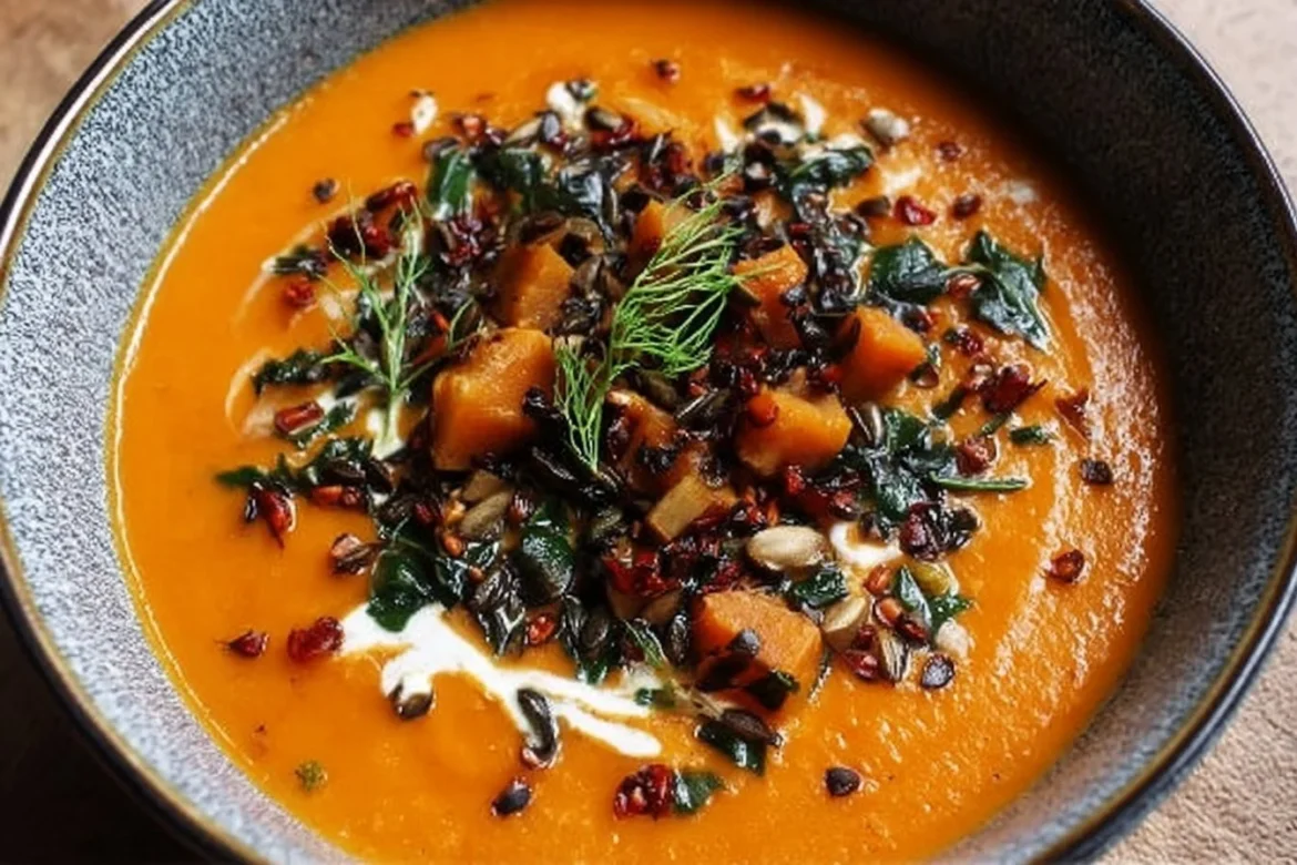 Bowl of Gochujang Sweet Potato Soup garnished with herbs and spices.
