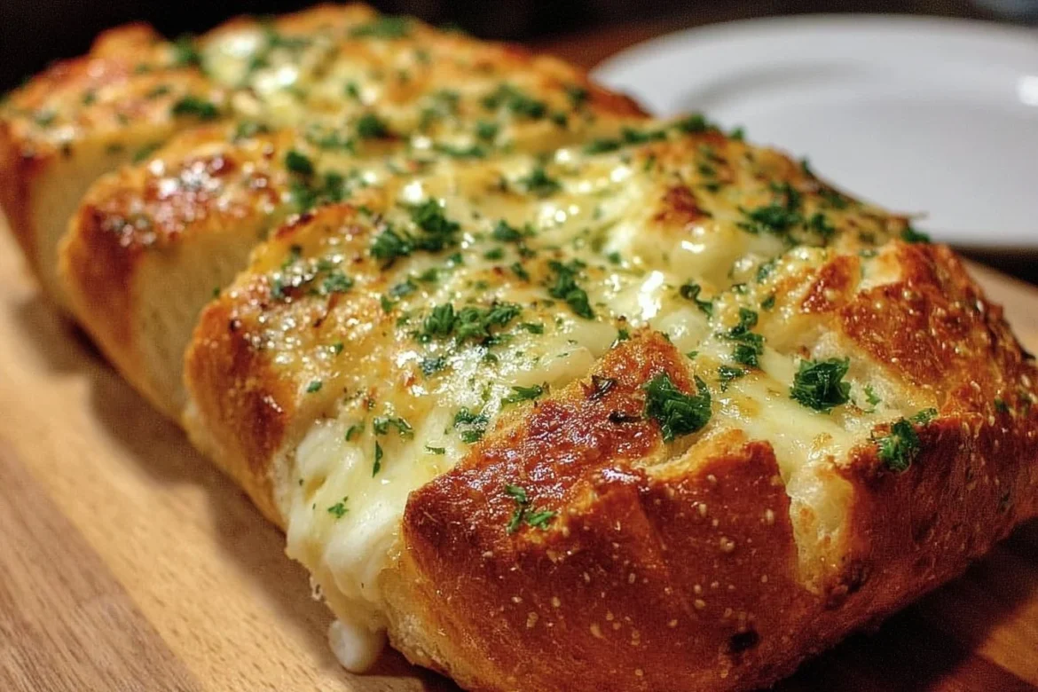 Gooey garlic cheese bread fresh out of the oven with melted cheese