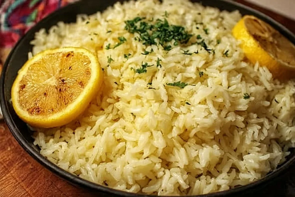 Bowl of Greek Lemon Rice garnished with lemon slices and herbs